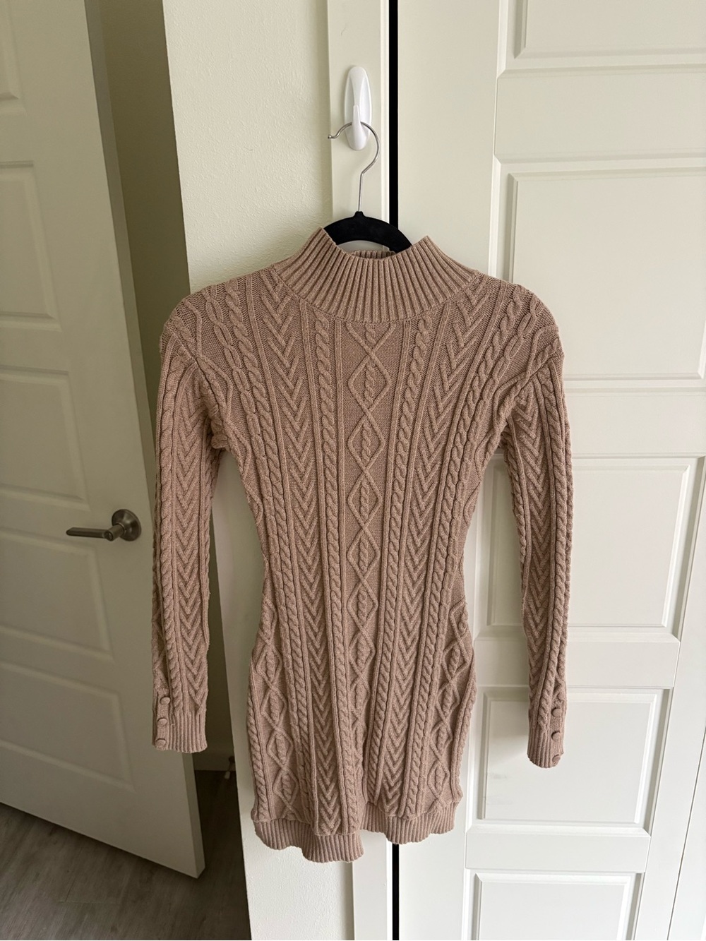 Crescent Taupe Cable Knit Turtleneck Sweater Dress